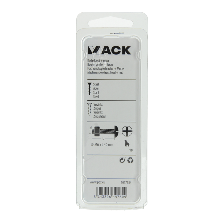 Mack 1017554 - kachelbout + moer staal verzinkt 7 st m6 x 40 mm | 5 stuks