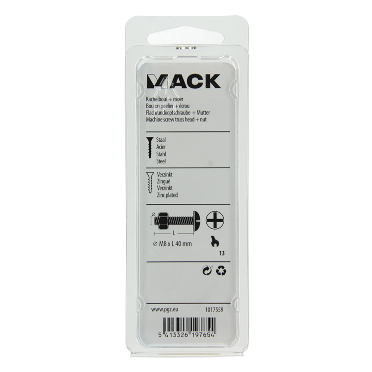 Mack 1017559 - kachelbout + moer staal verzinkt 5 st m8 x 40 mm | 5 stuks