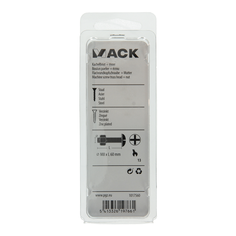 Mack 1017560 - kachelbout + moer staal verzinkt 4 st m8 x 60 mm | 5 stuks