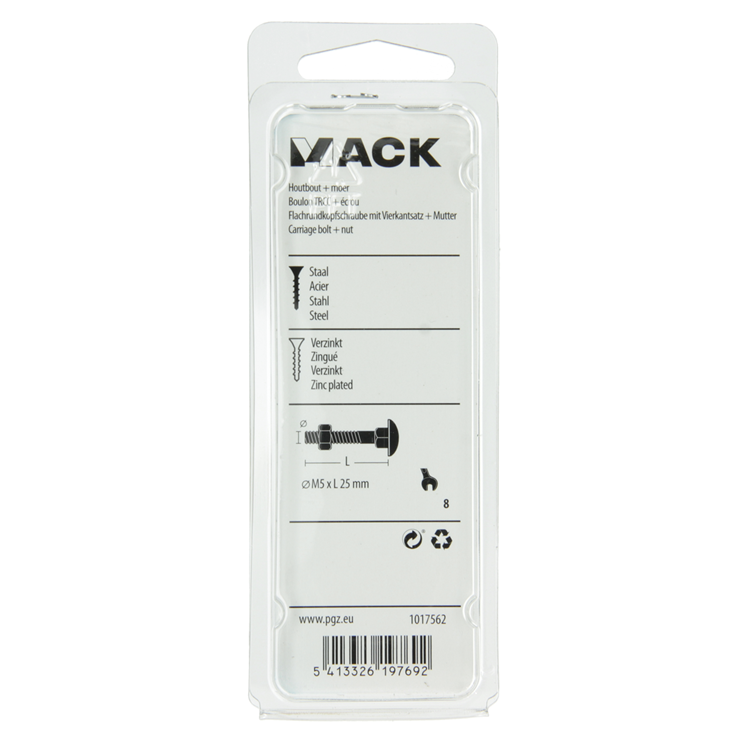 Mack 1017562 - houtbout + moer staal verzinkt12 st m5 x 25 mm | 5 stuks