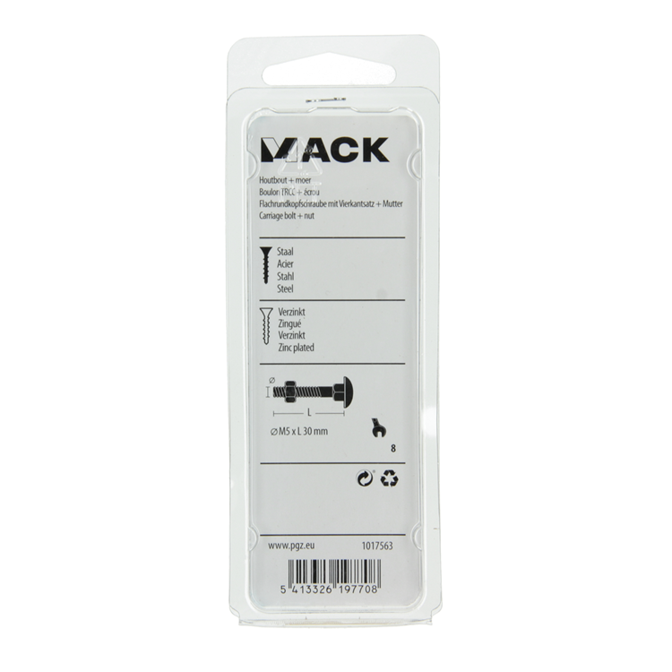 Mack 1017563 - houtbout + moer staal verzinkt11 st m5 x 30 mm | 5 stuks