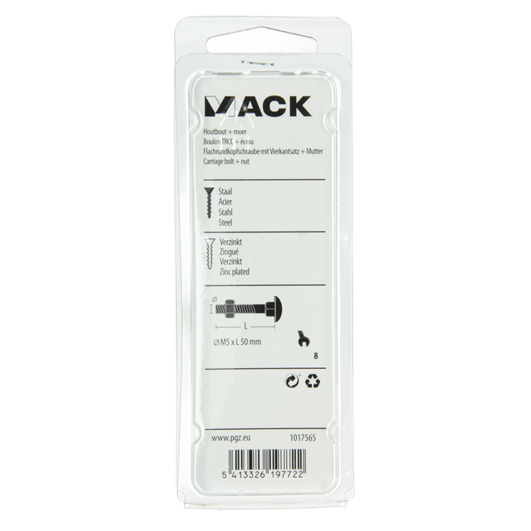 Mack 1017565 - houtbout + moer staal verzinkt8 st m5 x 50 mm | 5 stuks