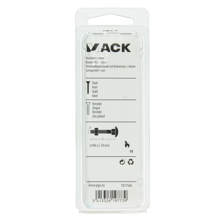 Mack 1017566 - houtbout + moer staal verzinkt10 st m6 x 20 mm | 5 stuks