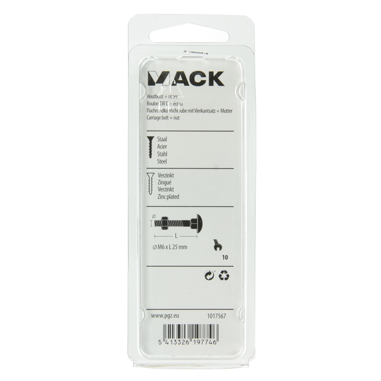 Mack 1017567 - houtbout + moer staal verzinkt9 st m6 x 25 mm | 5 stuks
