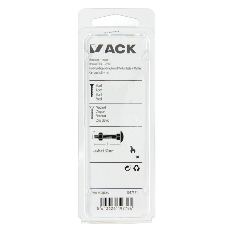 Mack 1017571 - houtbout + moer staal verzinkt7 st m6 x 50 mm | 5 stuks