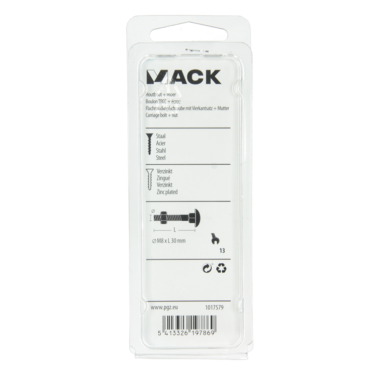 Mack 1017579 - houtbout + moer staal verzinkt6 st m8 x 30 mm | 5 stuks