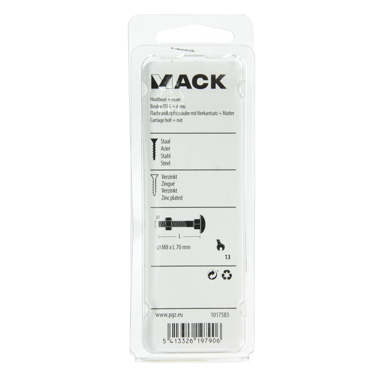 Mack 1017583 - houtbout + moer staal verzinkt3 st m8 x 70 mm | 5 stuks