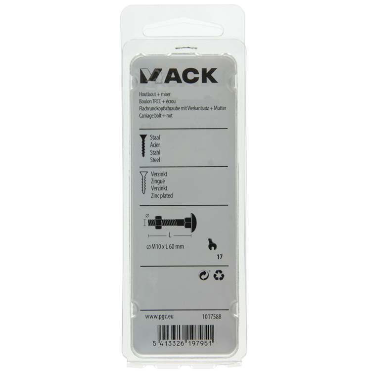 Mack 1017588 - houtbout + moer staal verzinkt2 st m10 x 60 mm | 5 stuks