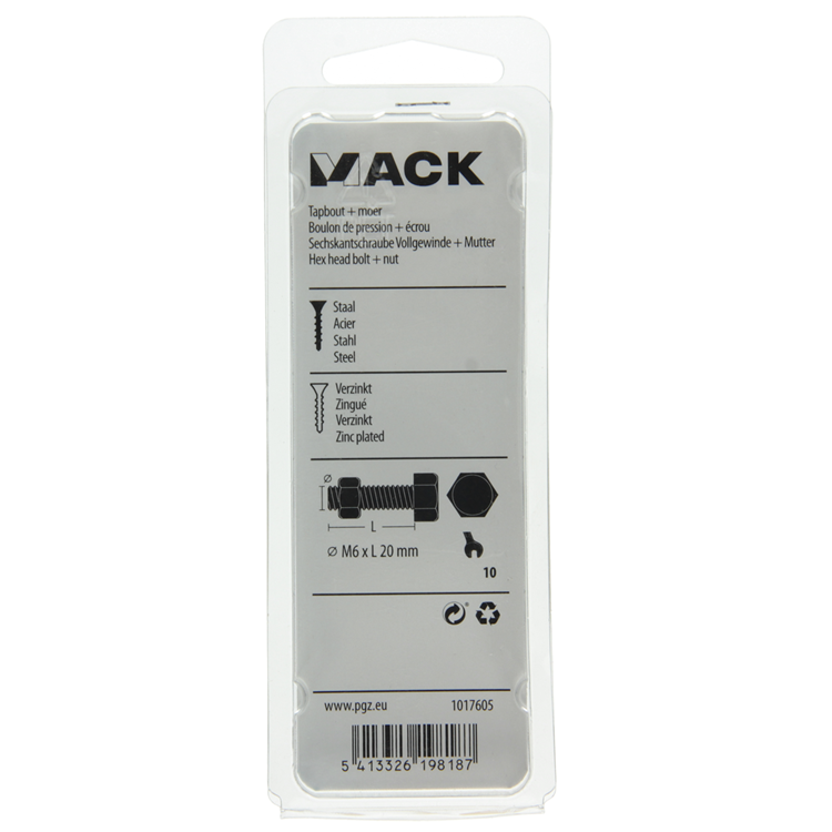 Mack 1017605 - tapbout + moer staal verzinkt 14 st m6 x 20 mm | 10 stuks