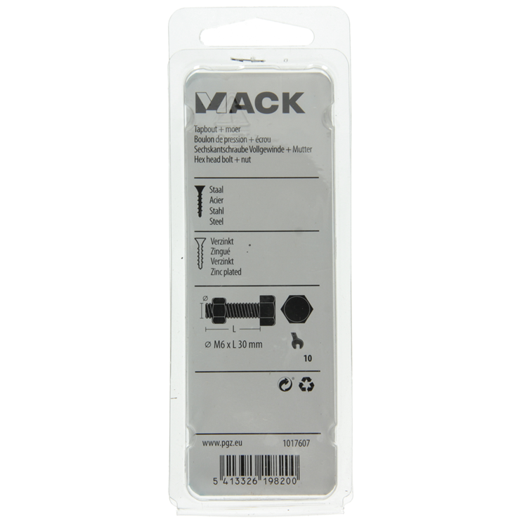 Mack 1017607 - tapbout + moer staal verzinkt 12 st m6 x 30 mm | 10 stuks