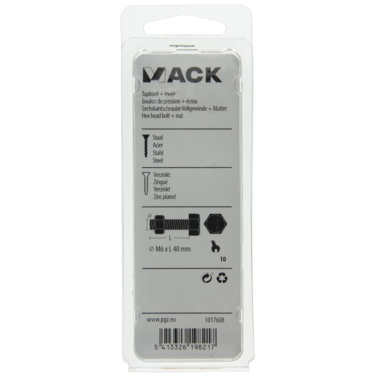 Mack 1017608 - tapbout + moer staal verzinkt 10 st m6 x 40 mm | 5 stuks