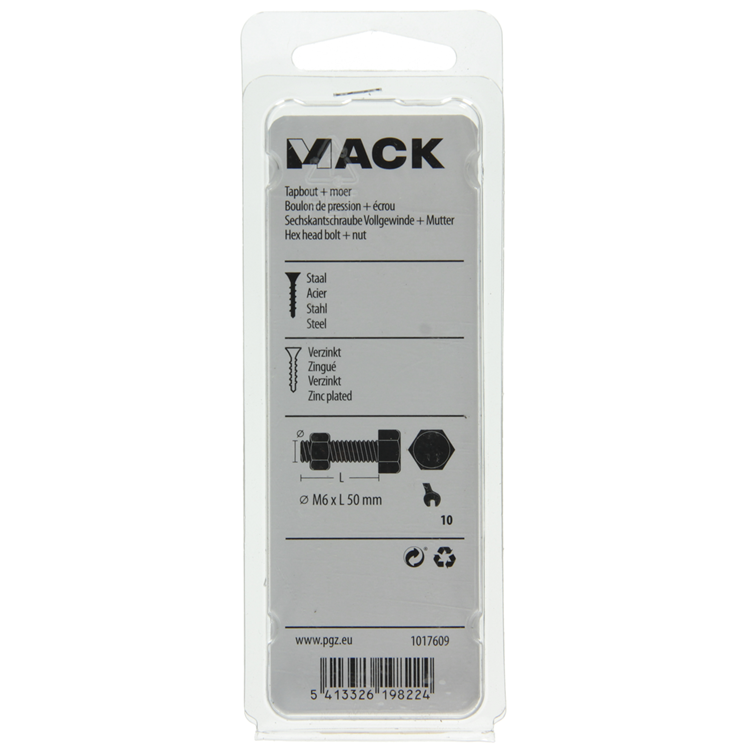 Mack 1017609 - tapbout + moer staal verzinkt 8 st m6 x 50 mm | 5 stuks