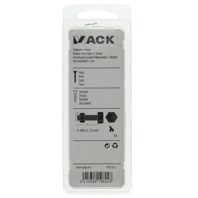 Mack 1017611 - tapbout + moer staal verzinkt 8 st m8 x 16 mm | 10 stuks