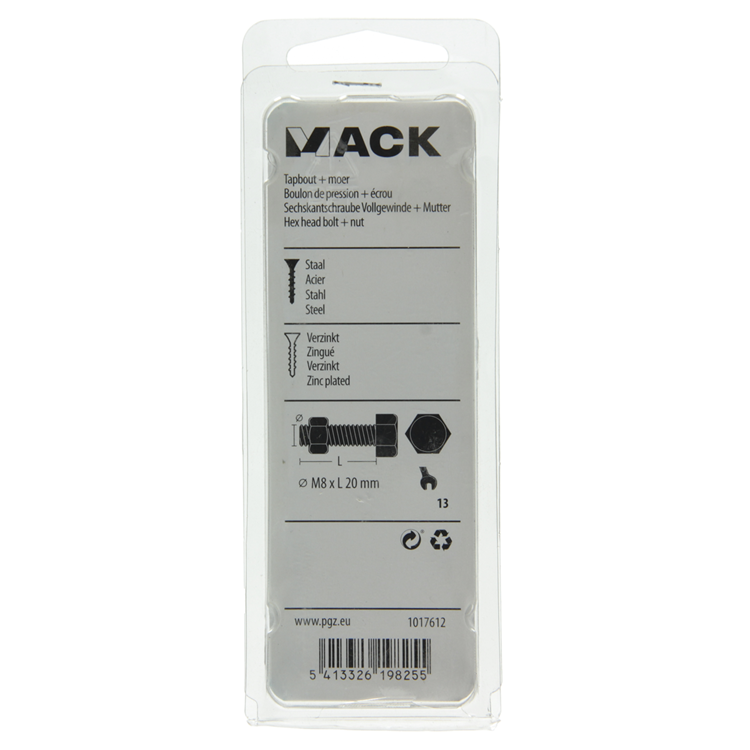 Mack 1017612 - tapbout + moer staal verzinkt 7 st m8 x 20 mm | 10 stuks