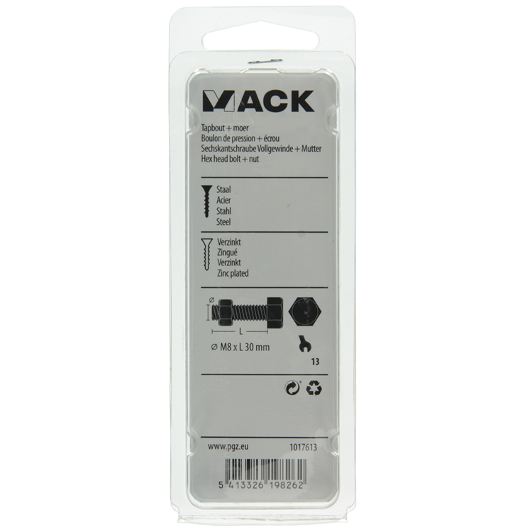 Mack 1017613 - tapbout + moer staal verzinkt 6 st m8 x 30 mm | 5 stuks