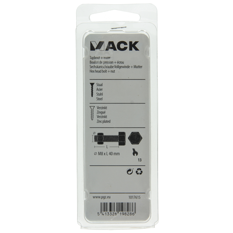 Mack 1017615 - tapbout + moer staal verzinkt 5 st m8 x 40 mm | 5 stuks