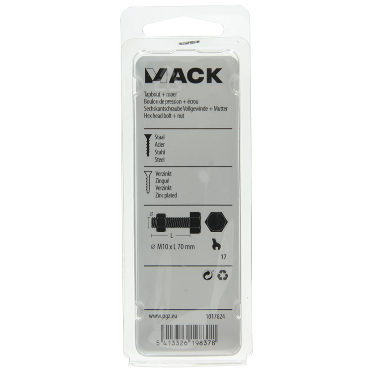 Mack 1017624 - tapbout + moer staal verzinkt 2 st m10 x 70 mm | 5 stuks