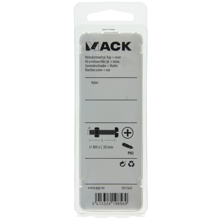 Mack 1017641 - metaalschroef cyl. kop + moer nylon 6 st m4 x 30 mm | 10 stuks