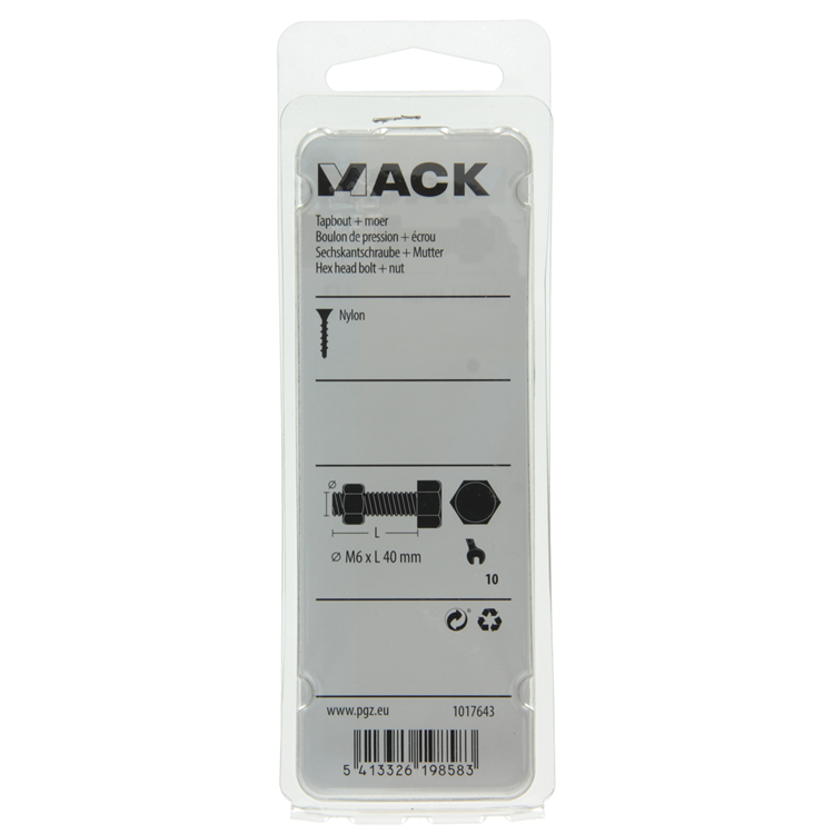 Mack 1017643 - tapbout + moer nylon 5 st m6 x 40 mm | 10 stuks