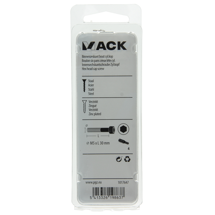Mack 1017647 - binnenzeskant bout cyl.kop verz. 8 st m5 x 30 mm | 10 stuks
