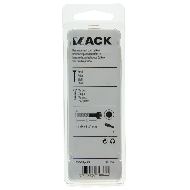 Mack 1017648 - binnenzeskant bout cyl.kop verz. 7 st m5 x 40 mm | 10 stuks