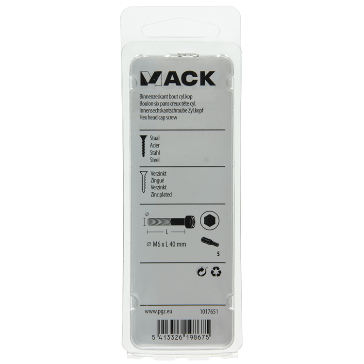 Mack 1017651 - binnenzeskant bout cyl.kop verz. 5 st m6 x 40 mm | 10 stuks