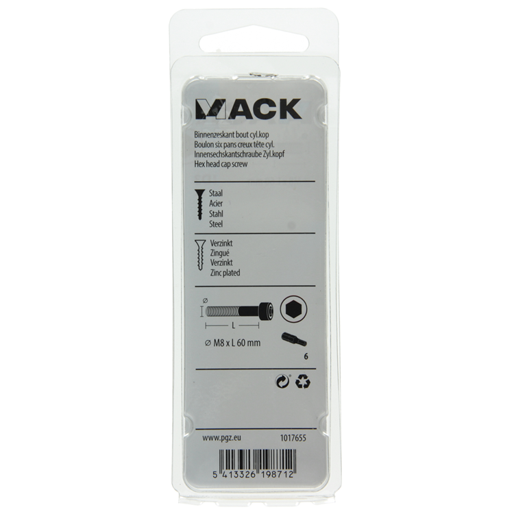 Mack 1017655 - binnenzeskant bout cyl.kop verz. 3 st m8 x 60 mm | 10 stuks