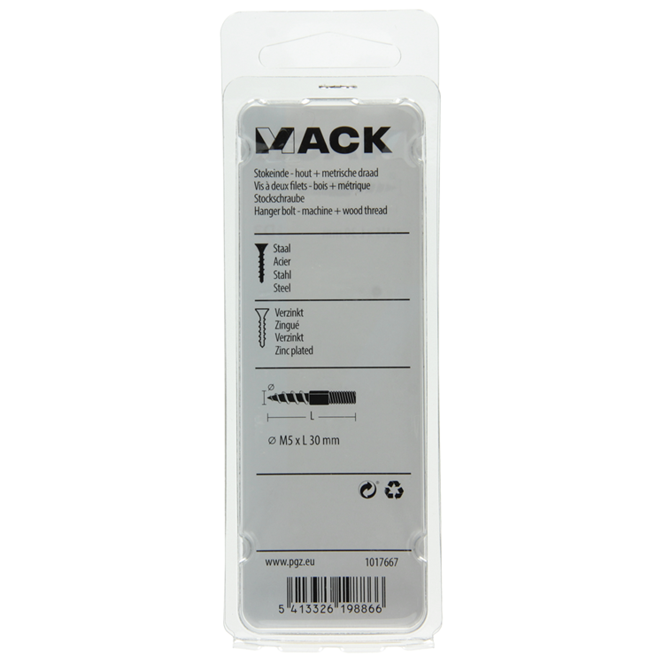 Mack 1017667 - stokeinde hout + metr. draad verz. 6 st m5x30 | 10 stuks