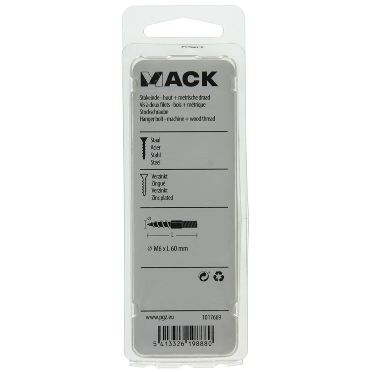 Mack 1017669 - stokeinde hout + metr. draad verz. 5 st m6x60 | 10 stuks