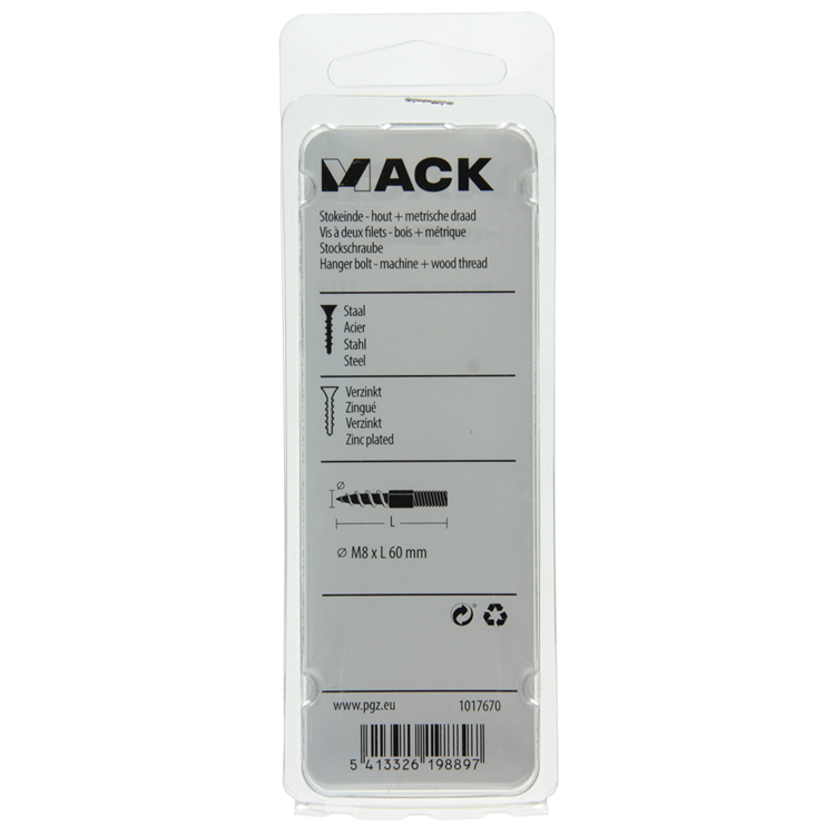 Mack 1017670 - stokeinde hout + metr. draad verz. 4 st m8x60 | 10 stuks