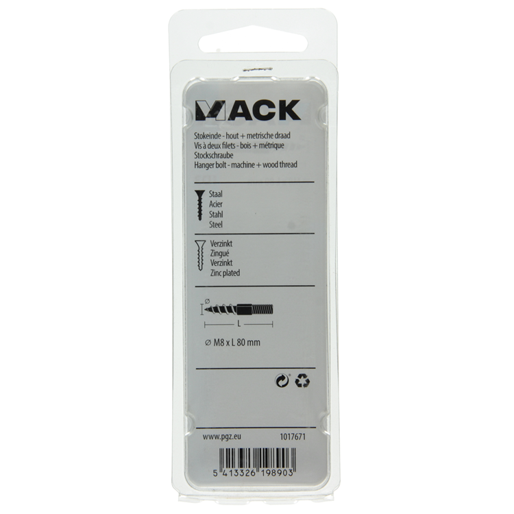 Mack 1017671 - stokeinde hout + metr. draad verz. 4 st m8x80 | 10 stuks