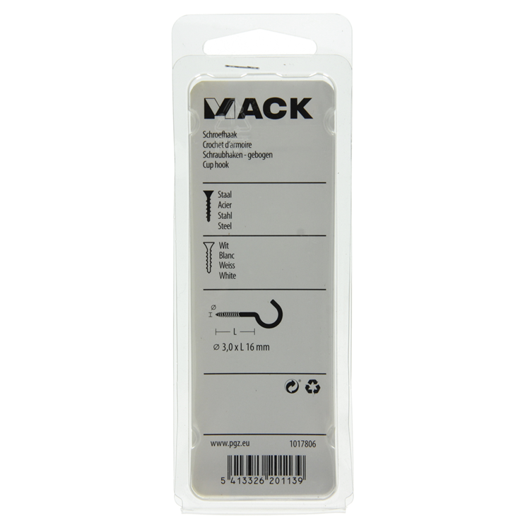 Mack 1017806 - schroefhaak staal wit 7 st 3,0 x 16 mm | 10 stuks