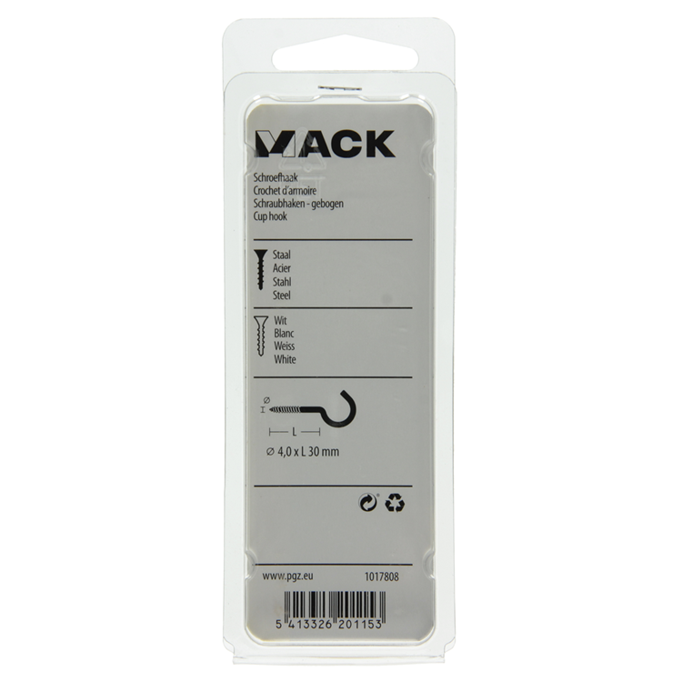 Mack 1017808 - schroefhaak staal wit 4 st 4,0 x 30 mm | 10 stuks