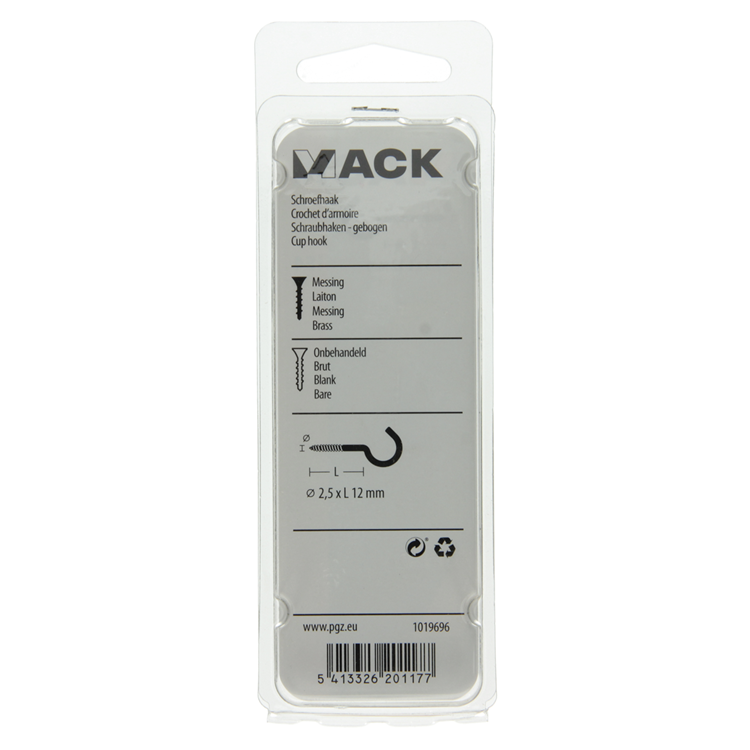 Mack 1019696 - schroefhaak messing 7 st 2,5 x 12mm | 10 stuks