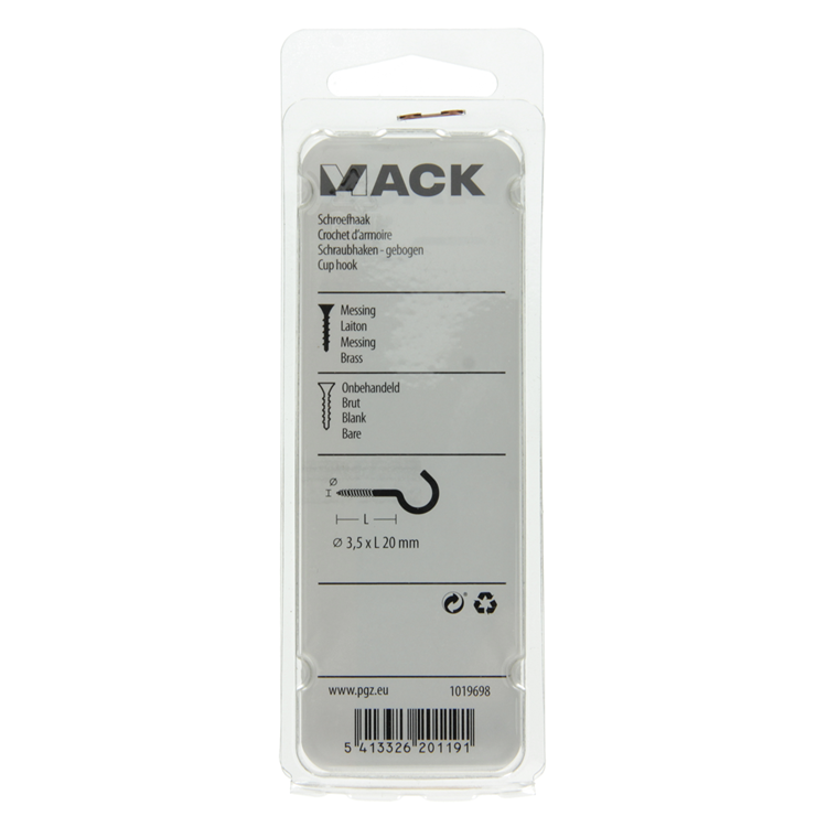 Mack 1019698 - schroefhaak messing 3 st 3,5 x 20mm | 10 stuks