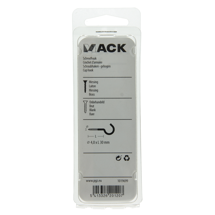 Mack 1019699 - schroefhaak messing 2 st 4,0 x 30mm | 10 stuks