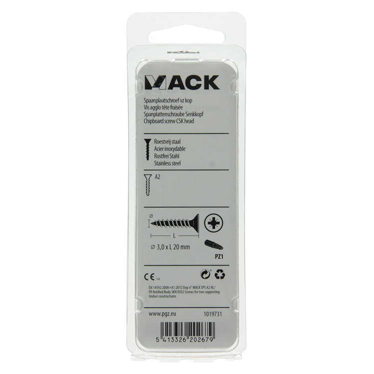 Mack 1019731 - spaanplaatschroef vz kop rvs 27 st 3,0 x 20 mm | 10 stuks