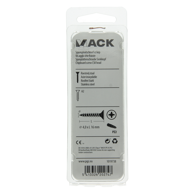 Mack 1019738 - spaanplaatschroef vz kop rvs 20 st 4,0 x 16 mm | 10 stuks