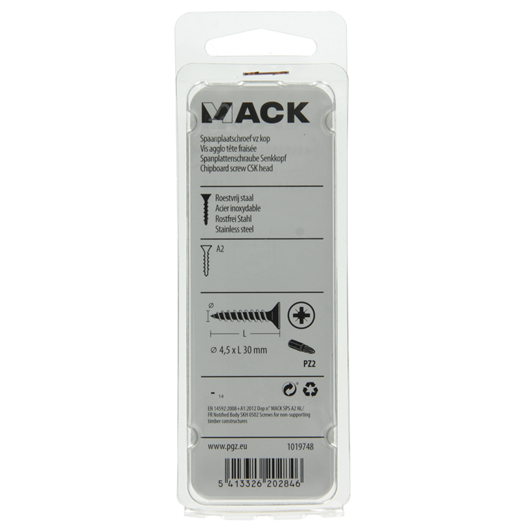 Mack 1019748 - spaanplaatschroef vz kop rvs 10 st 4,5 x 30 mm | 10 stuks