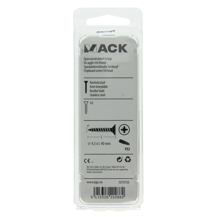 Mack 1019750 - spaanplaatschroef vz kop rvs 8 st 4,5 x 40 mm | 10 stuks