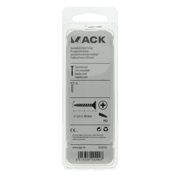 Mack 1019754 - spaanplaatschroef vz kop rvs 9 st 5,0 x 40 mm | 10 stuks