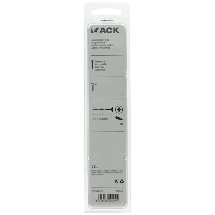 Mack 1019758 - spaanplaatschroef vz kop rvs 5 st 5,0 x 80 mm | 5 stuks