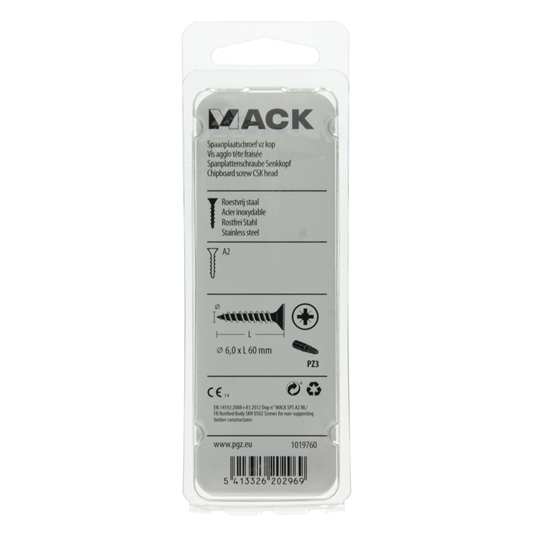 Mack 1019760 - spaanplaatschroef vz kop rvs 6 st 6,0 x 60 mm | 10 stuks