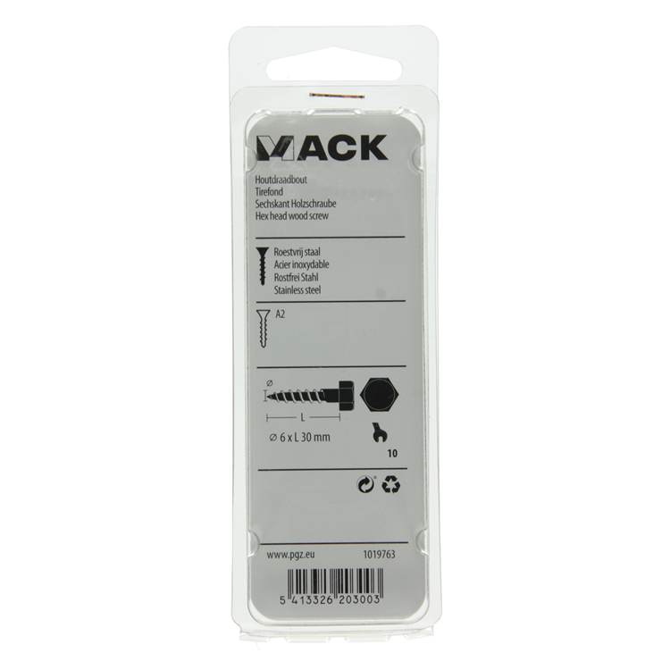 Mack 1019763 - houtdraadbout roestvrijstaal 5 st 6 x 30 mm | 10 stuks
