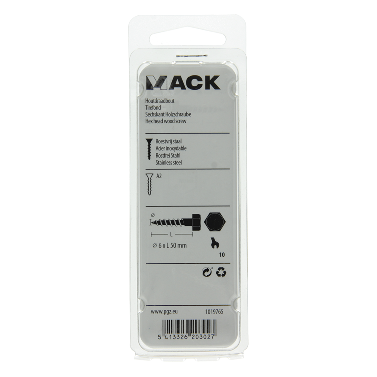 Mack 1019765 - houtdraadbout roestvrijstaal 4 st 6 x 50 mm | 10 stuks