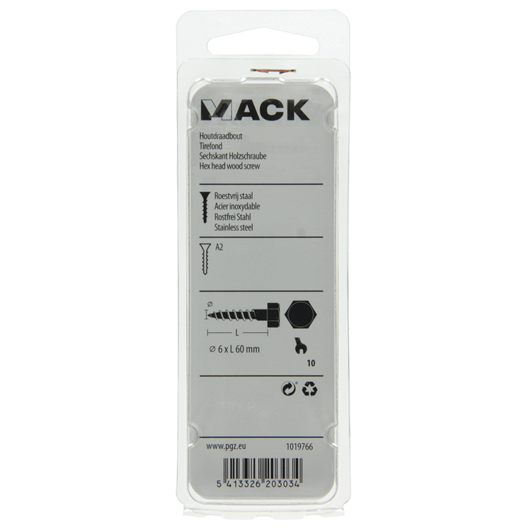 Mack 1019766 - houtdraadbout roestvrijstaal 3 st 6 x 60 mm | 10 stuks