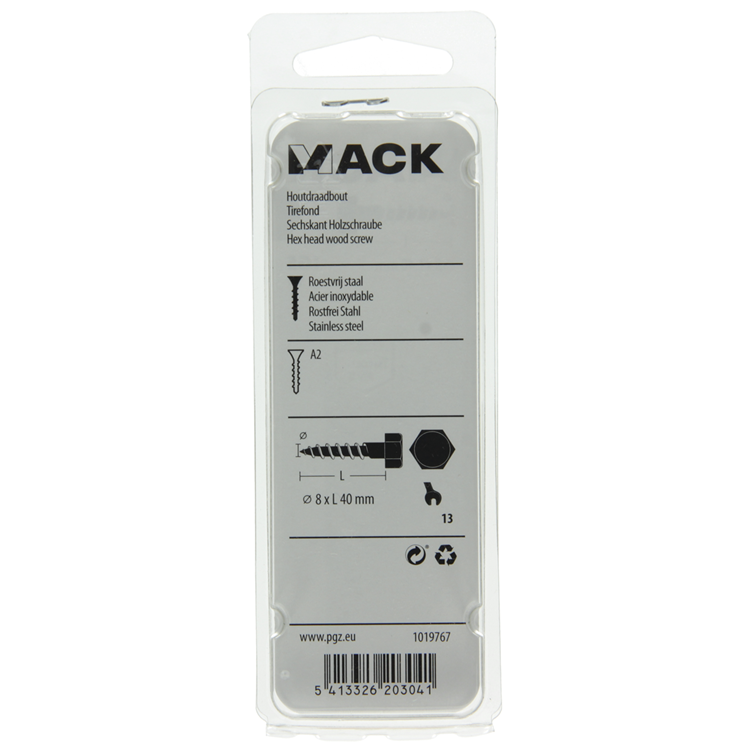 Mack 1019767 - houtdraadbout roestvrijstaal 3 st 8 x 40 mm | 10 stuks