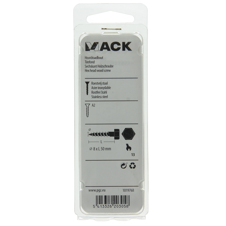 Mack 1019768 - houtdraadbout roestvrijstaal 2 st 8 x 50 mm | 10 stuks