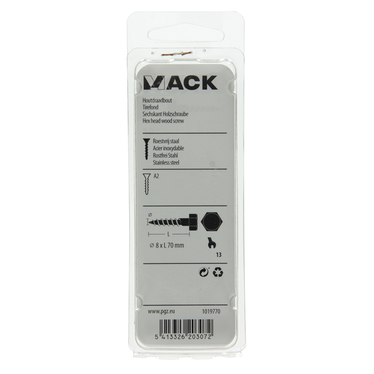 Mack 1019770 - houtdraadbout roestvrijstaal 2 st 8 x 70 mm | 10 stuks