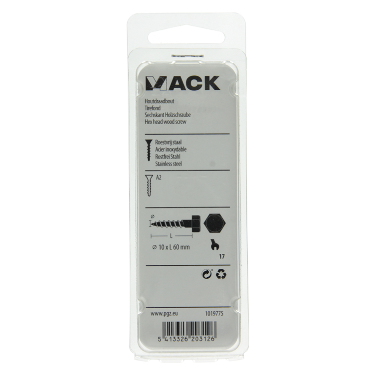 Mack 1019775 - houtdraadbout roestvrijstaal 2st 10 x 60 mm | 10 stuks